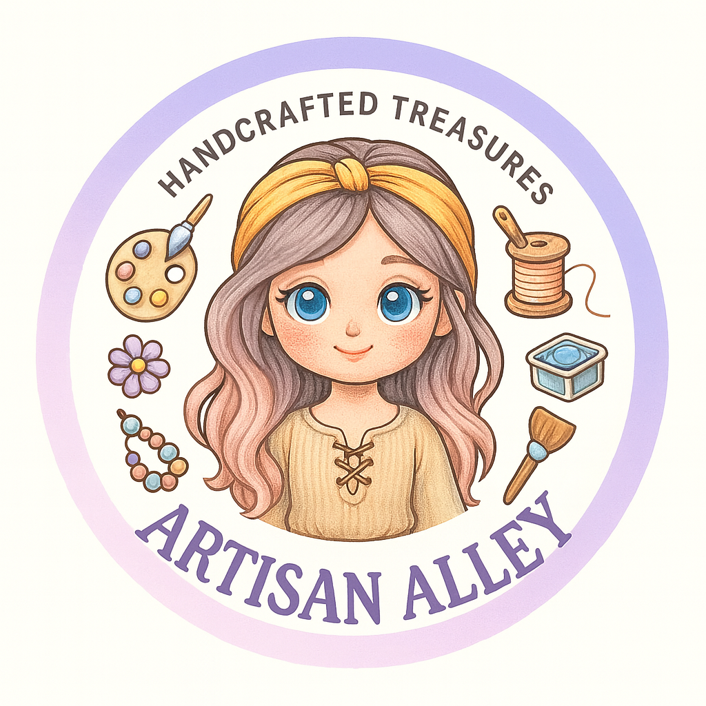 Logo of Artisan Alley with a cartoon girl and craft-related icons on a white background